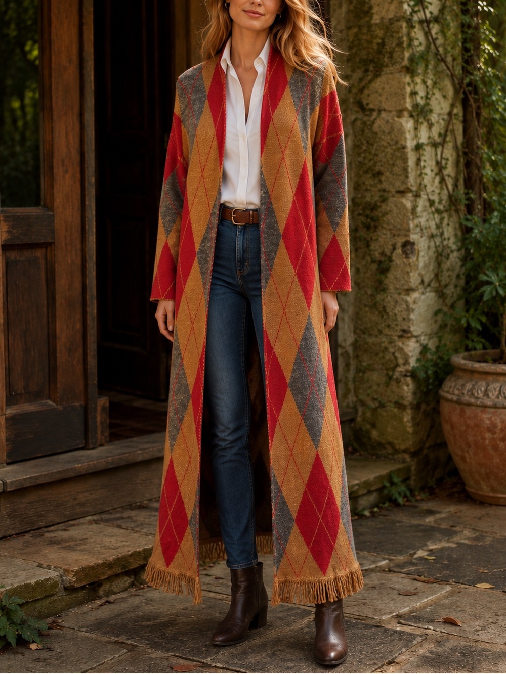 KAOS Made in Italy  Argyle Fringe Long Duster Cardigan | Oversized Small